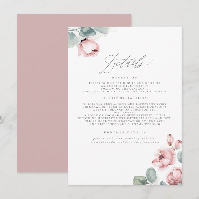 Dusty Rose Wedding Details Enclosure  Card (Front/Back)