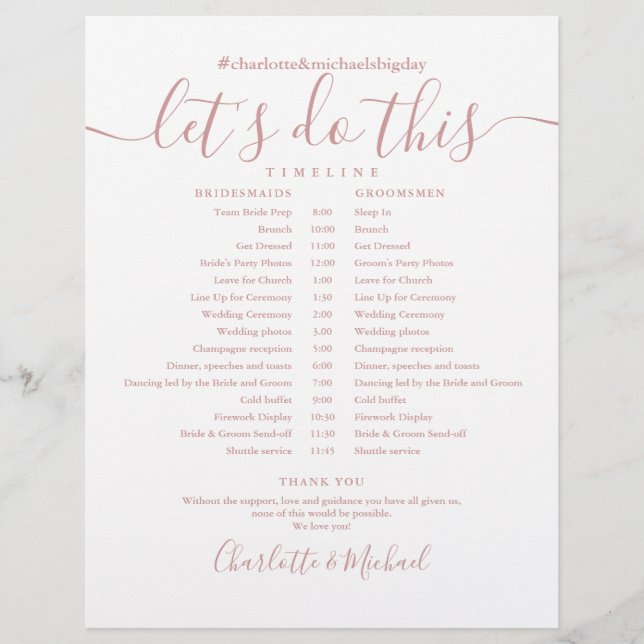 Dusty Rose Wedding Schedule Timeline (Front)
