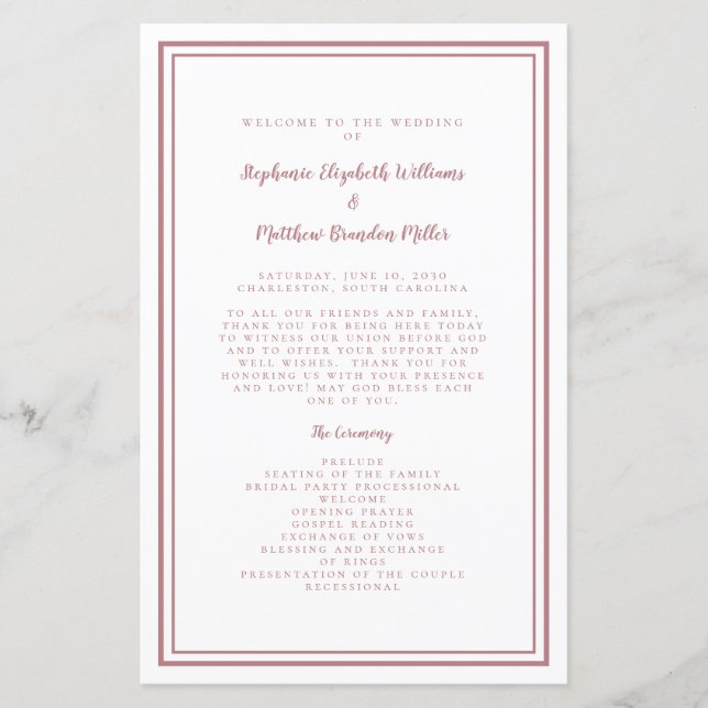 Dusty Rose Wedding Script Budget Ceremony Program (Front)