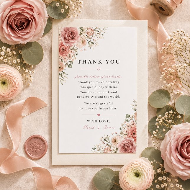 Dusty Rose Wedding Thank You Card (Luxury thank you card styled with romantic dusty rose florals.)