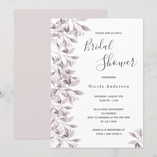 Dusty rose white botanical script Bridal Shower Invitation (Front/Back)