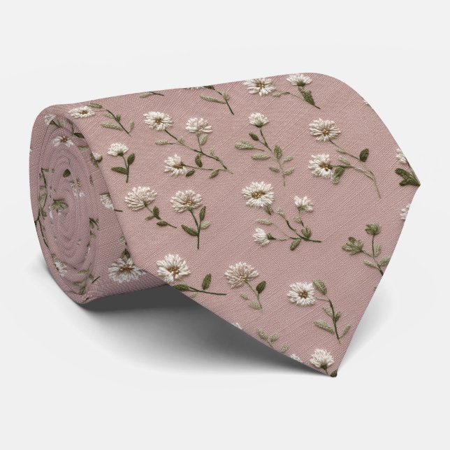 Dusty Rose White Clover Personalised Wedding Tie (Rolled)