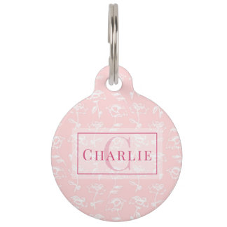 Dusty Rose White Floral, Custom Monogram Dog Pet Tag