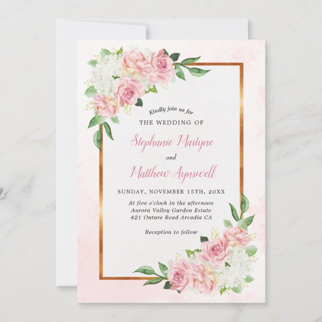 Dusty Rose White Floral Watercolor Gold Wedding Invitation (Front)