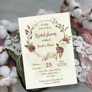 dusty rose white flowers botanical bridal shower invitation