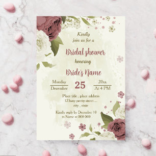 dusty rose white flowers botanical bridal shower invitation