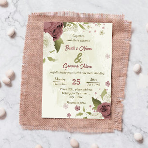 dusty rose white flowers botanical wedding invitation