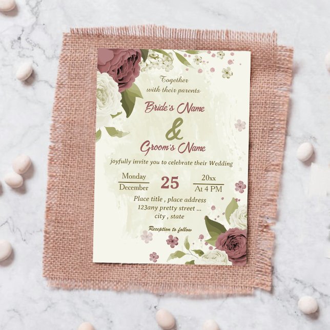 dusty rose white flowers botanical wedding invitation (Creator Uploaded)