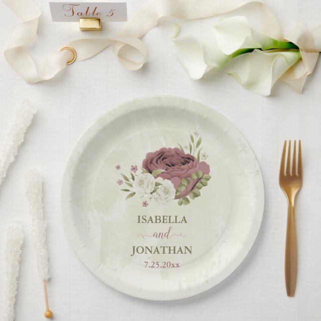 dusty rose white flowers  paper plate (Wedding)