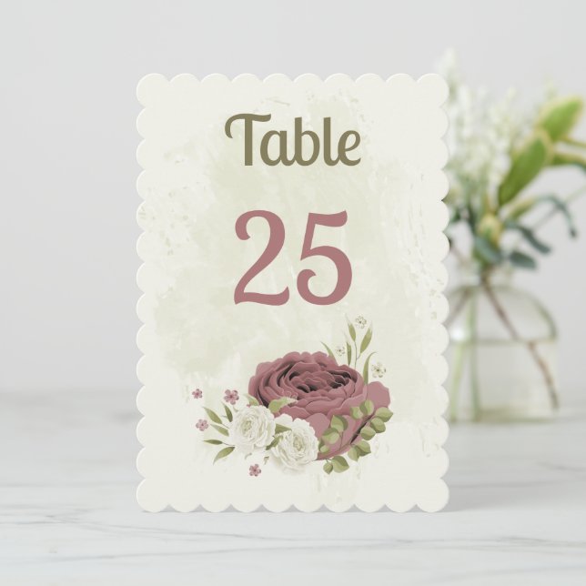 dusty rose white flowers table number card (Standing Front)