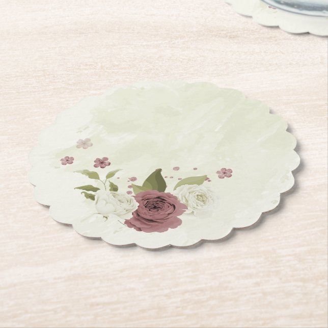 dusty rose white flowers wedding paper coaster (Angled)