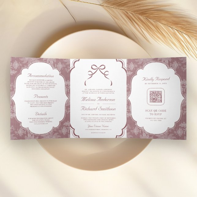 Dusty Rose White Lace Coquette Bow QR Code Wedding Tri-Fold Invitation (Creator Uploaded)