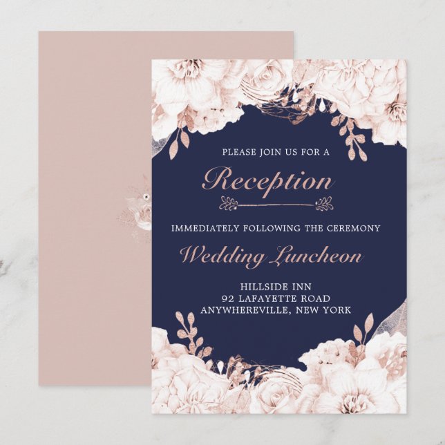 Dusty Rose White Lush Floral Navy Blue Reception Invitation (Front/Back)