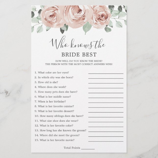 Dusty Rose Who Knows Bride Best Bridal Shower Game (Front)
