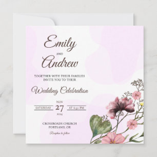 Dusty Rose Wildflower Watercolor Square Wedding Invitation
