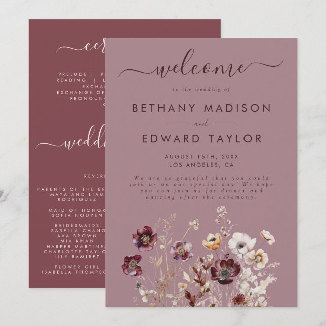 Dusty Rose Wildflower Wedding Programme (Front/Back)