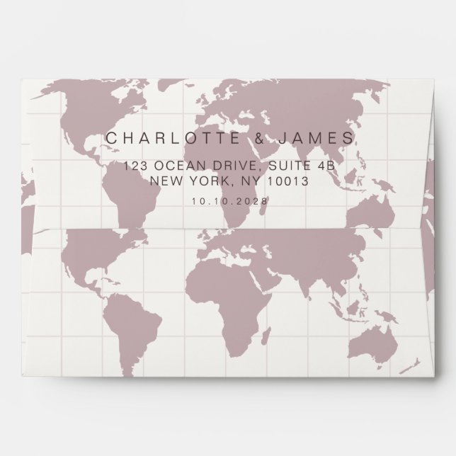 Dusty Rose World Map Destination Wedding Custom Envelope (Back (Top Flap))