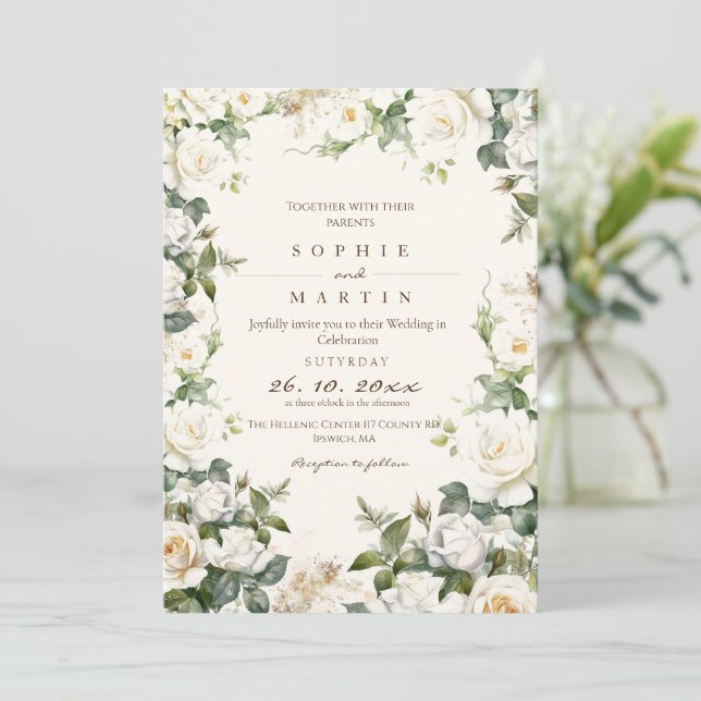 Dusty Roses Wedding Garden Floral  Invitation (Standing Front)