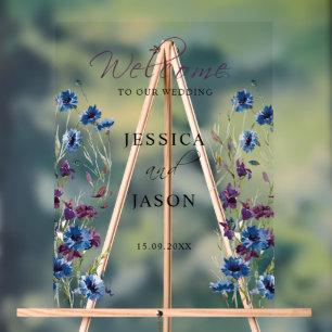 Dusty Royal Blue Purple Bloom Wedding Welcome Acrylic Sign