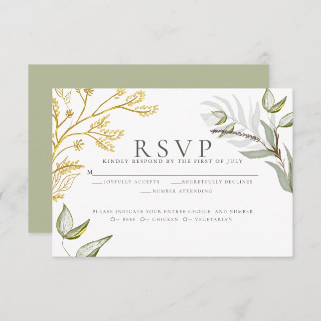 Dusty Sage and Gold Foliage  RSVP Card (Front/Back)