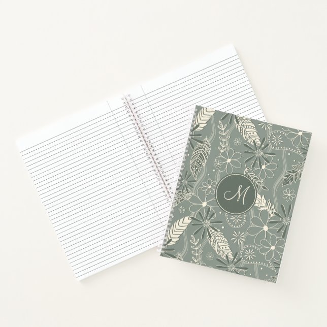 dusty sage boho feathers flowers paislies monogram notebook (Inside)