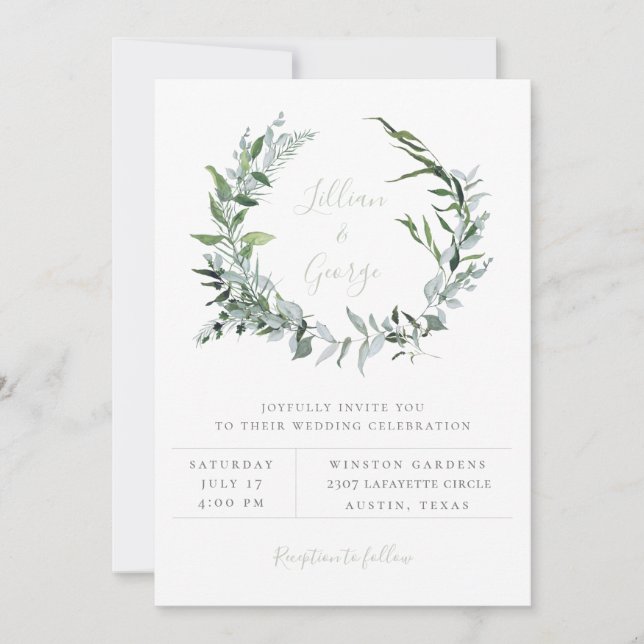 Dusty Sage Botanical Wreath Wedding Invitation (Front)