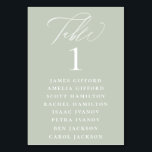 Dusty Sage Calligraphy Seating Chart Table Number<br><div class="desc">Elegant white calligraphy "table",  with guest names listed and table number,  wedding table number seating chart card. Background colour shown in dusty sage,  can be customised. Designed to coordinated with our Dusty Sage Botanical Collection.</div>