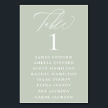 Dusty Sage Calligraphy Seating Chart Table Number<br><div class="desc">Elegant white calligraphy "table",  with guest names listed and table number,  wedding table number seating chart card. Background colour shown in dusty sage,  can be customised. Designed to coordinated with our Dusty Sage Botanical Collection.</div>