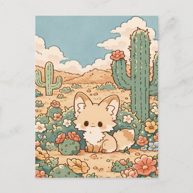 Dusty Sage Desert Kawaii Fennec Fox Postcard (Front)