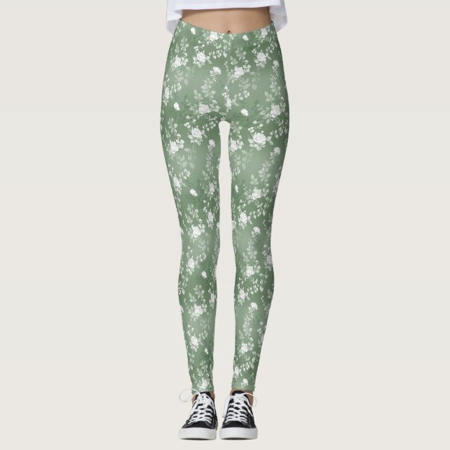 Dusty Sage Floral Green Flower Greenery Pattern Leggings (Front)