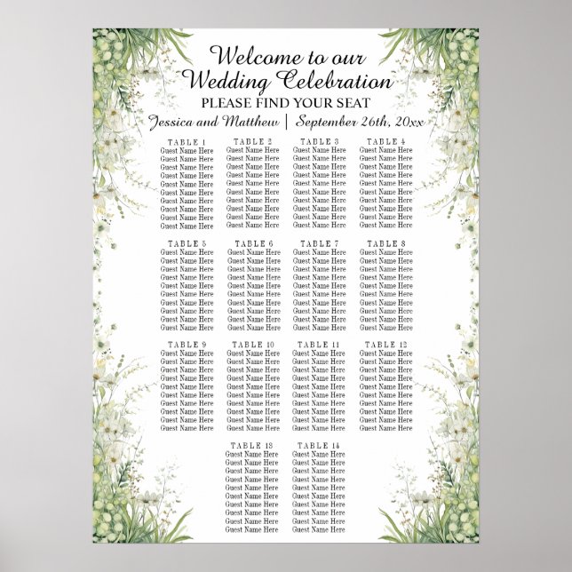 Dusty Sage Green 14 Tables Wedding Seating Poster (Front)