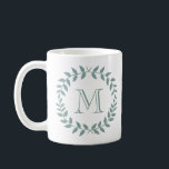 Dusty Sage Green Botanical Wreath Elegant Monogram Coffee Mug<br><div class="desc">Add an elegant personalised touch to any beverage with this mint green and white coffee mug. Design features modern laurel wreath leaves and stylish typography initial. Monogram in centre is simple to customise and can be different on front and back. Makes an elegant bridal party keepsake gift idea and compliments...</div>
