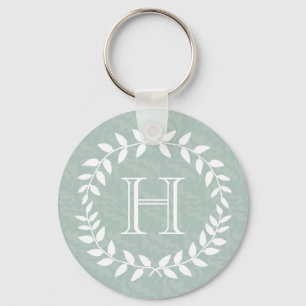 Dusty Sage Green Botanical Wreath Elegant Monogram Key Ring