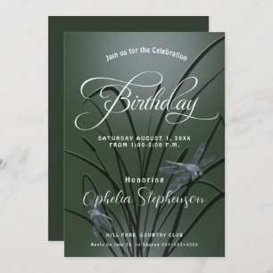 Dusty Sage Green Dragonfly Birthday Invitation