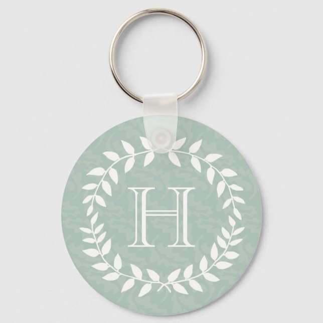Dusty Sage Green Elegant Monogram Botanical Wreath Key Ring (Front)