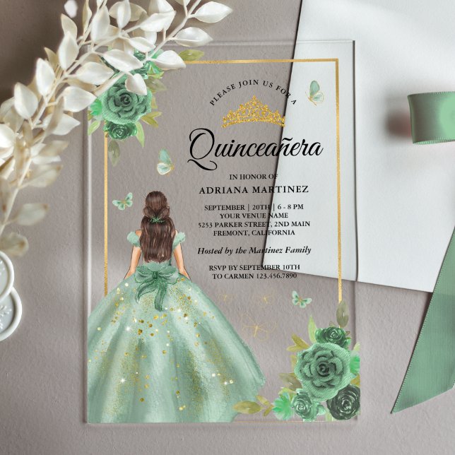 Dusty Sage Green Floral Butterfly Quinceanera Acrylic Invitations (Creator Uploaded)