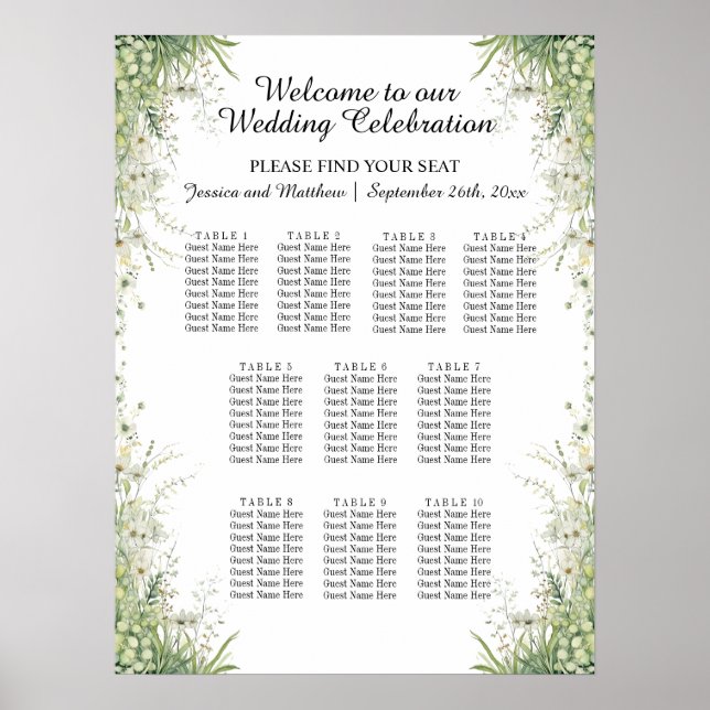 Dusty Sage Green Flowers 10 Tables Wedding Seating Poster (Front)