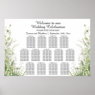 Dusty Sage Green Flowers 13 Tables Wedding Seating Poster