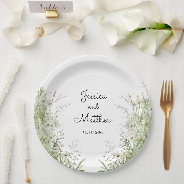 Dusty Sage Green Flowers Wedding Paper Plate (Wedding)