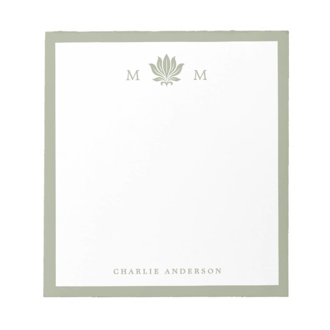 Dusty Sage Green Lotus Flower Monogram Notepad (Front)