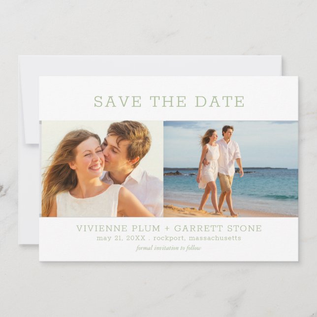 Dusty Sage Green Text Three Photo Wedding Save The Date (Front)