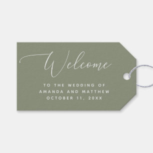 Dusty Sage Green Wedding. Botanical Script Welcome Gift Tags
