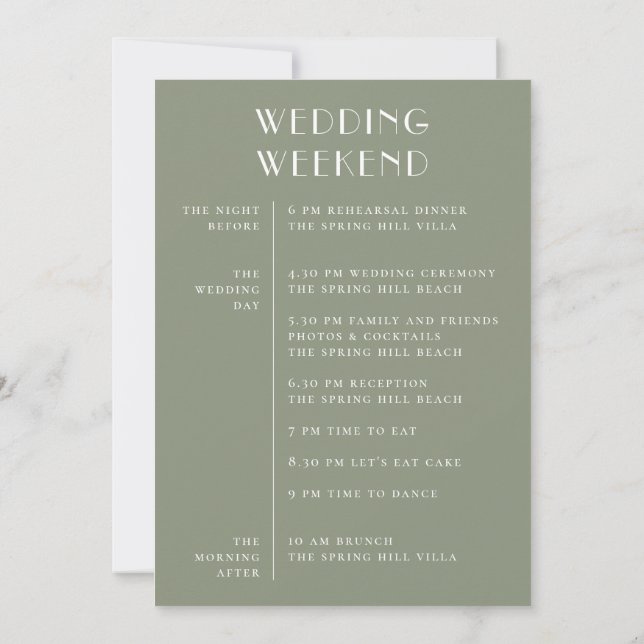 Dusty Sage Green Wedding | Modern Weekend Timeline Invitation (Back)