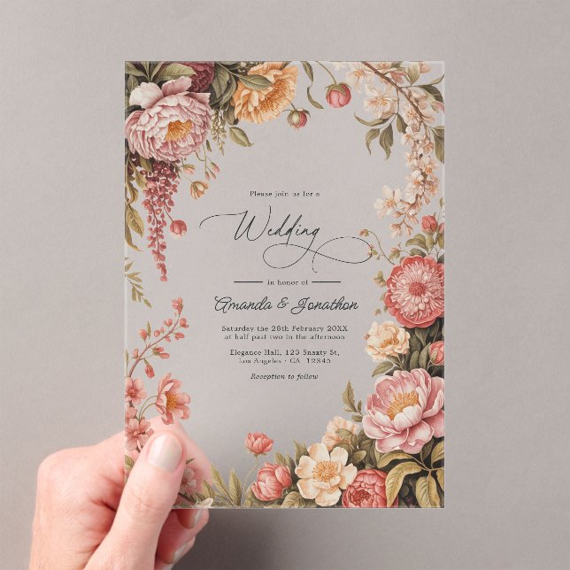 Dusty Sage, Soft Peach & Warm Sand Floral Wedding Acrylic Invitations (Insitu (Handheld))
