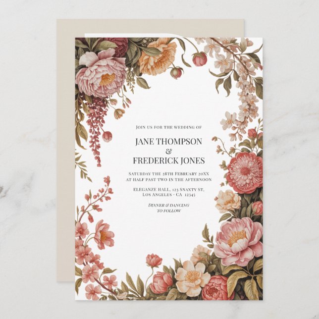 Dusty Sage, Soft Peach & Warm Sand Floral Wedding Invitation (Front/Back)