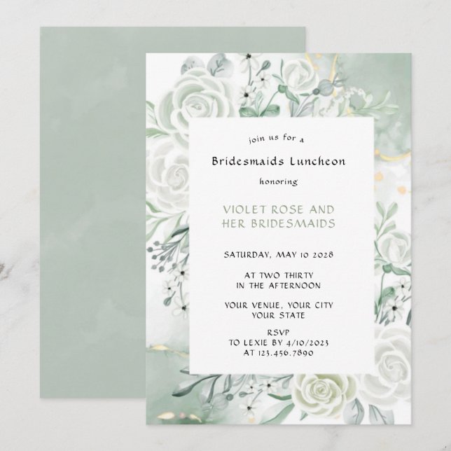 Dusty Sage Watercolor Floral Bridesmaids Luncheon  Invitation (Front/Back)