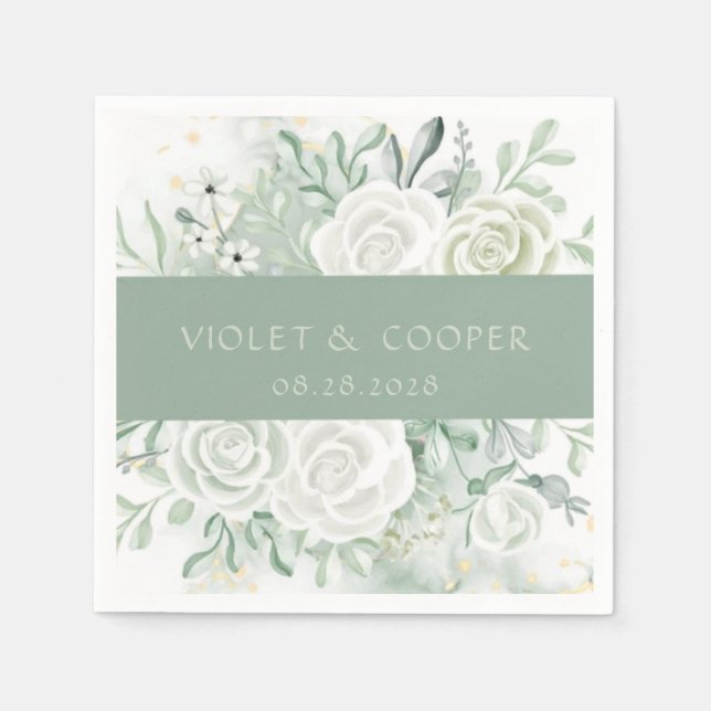 Dusty Sage Watercolor Florals Wedding Napkin (Front)