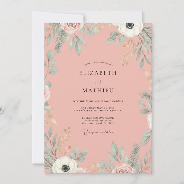 Dusty Salmon Leafy Wedding Invitation (Front)