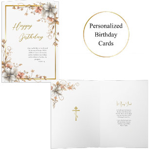 Dusty Salmon Silver Gray Flowers Birthday Card