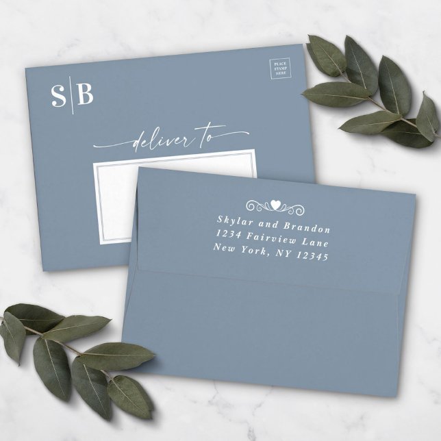 Dusty Sky Blue Monogram 5x7 Wedding Invitation Envelope (Creator Uploaded)